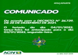COMUNICADO - FERIADO 4 DE JANEIRO